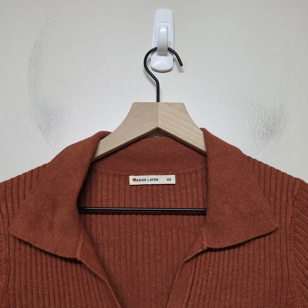 Marine Layer Lexi Polo Sweater Ribbed Knit Rust Brown Orange Long Sleeve Size XS